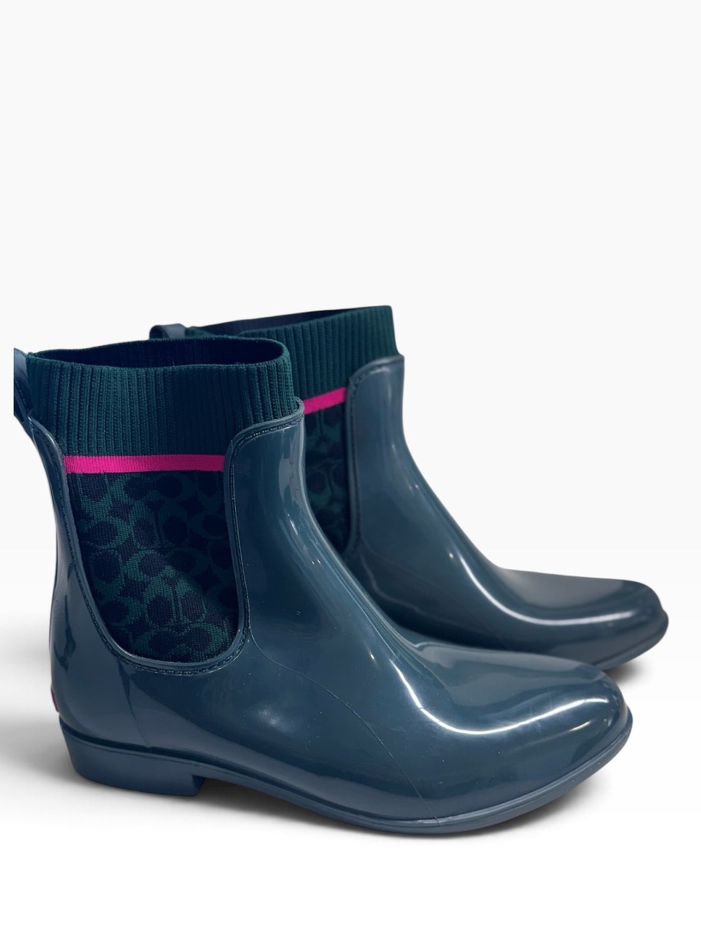 Coach Dark Teal / Green Rubber Rain Boots with Signature Knit Sock Details